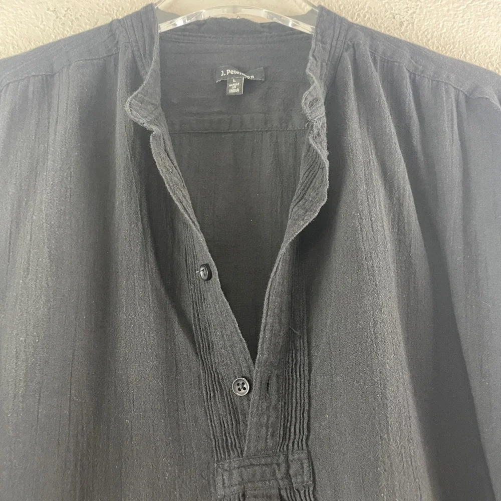 J. Peterman Black Cotton Gauze Pintuck Tunic Blouse Size L Boho Coastal Minimal